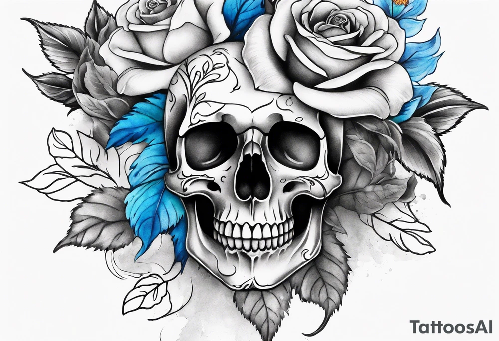 Front knee tattoo with fall colors, small flowers, rose, dvil skull, leaves, blue water flows with washes and background tattoo idea