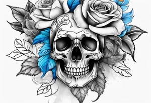 Front knee tattoo with fall colors, small flowers, rose, dvil skull, leaves, blue water flows with washes and background tattoo idea