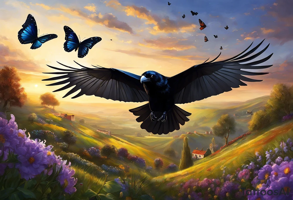 A butterfly flies towards the sky. Below the butterfly, a raven flies towards the sky. 
The butterfly and the raven are the same size
In the background is the name Malia.
In the background is the name SKF.
The number 89 can be seen in the background.
There is also a scorpion in the wing of the butterfly. tattoo idea