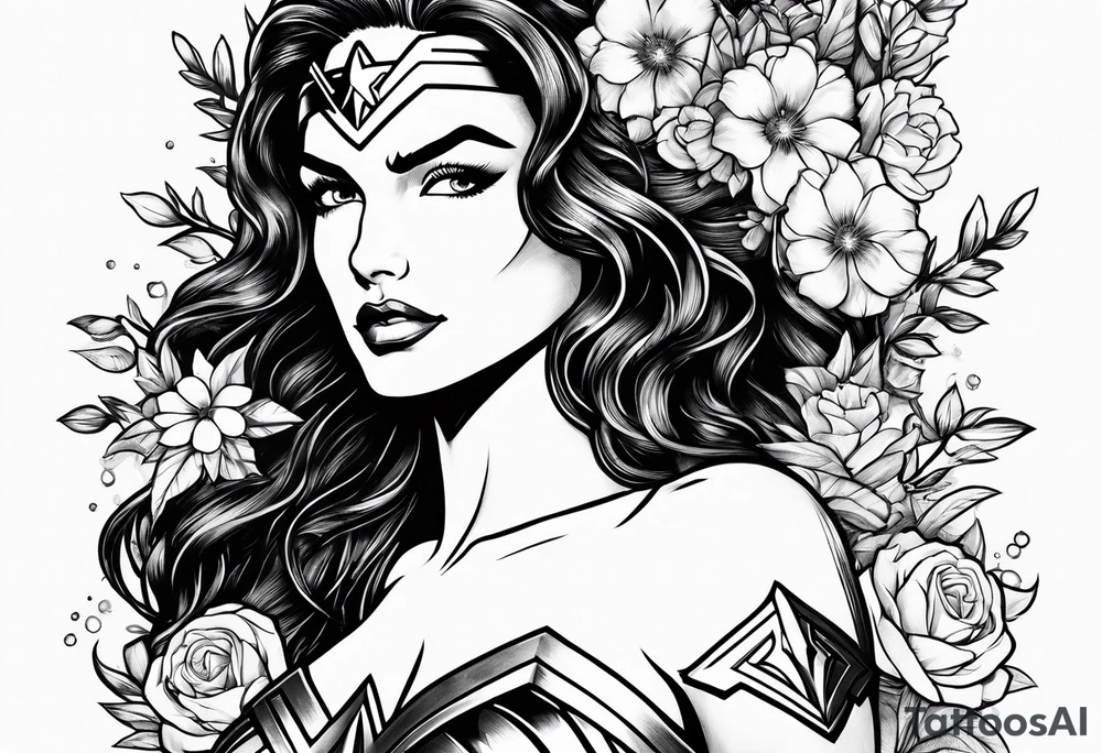 Wonder Woman design with flowers tattoo idea