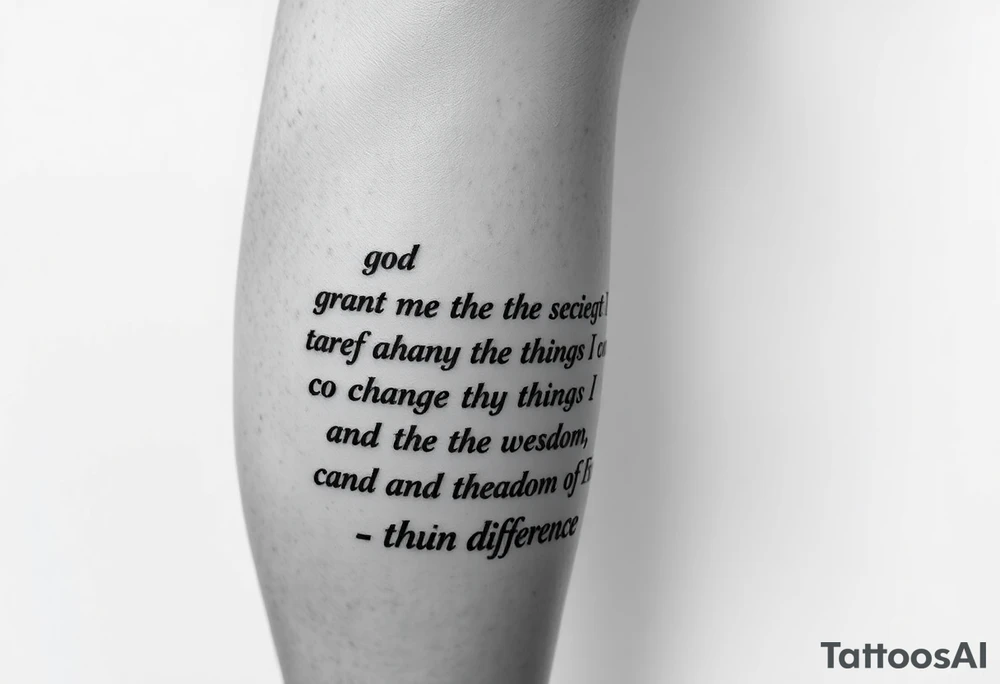Generate a leg tattoo doing down the side of leg all the way down saying  “god grant me the serenity to  accept the things I can not change courage to change the things I can and the wisdom to know the difference” put god , serenity , courage, and wisdom in red tattoo idea
