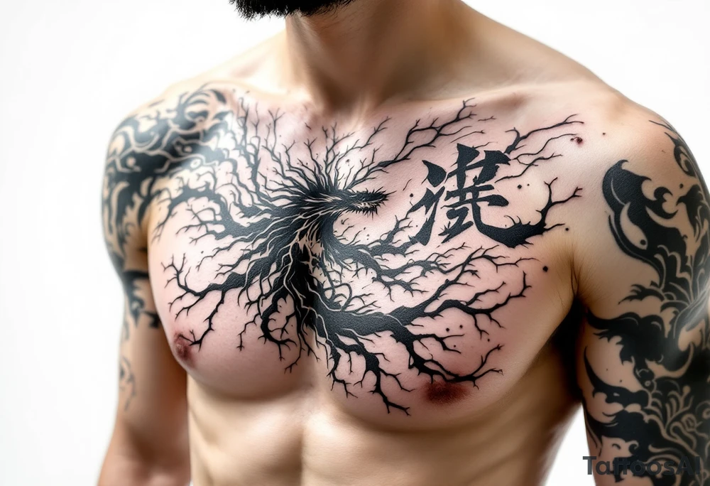 Chest tattoo with the word and drawing Kaizen tattoo idea