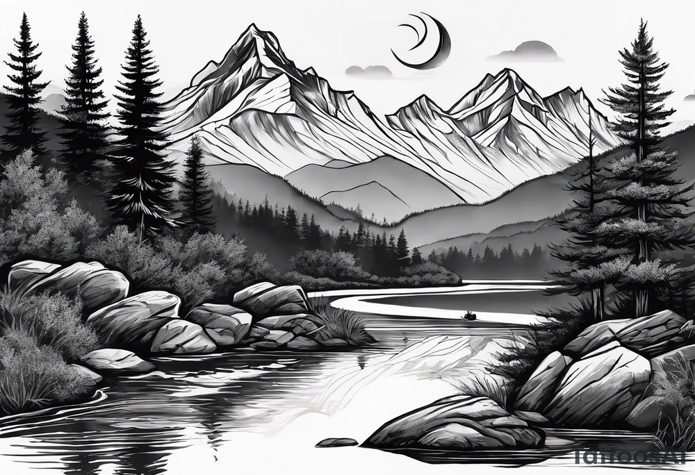 Mountain scene with a river with a subtle peace sign. Use IT IS WELL written in the scene tattoo idea