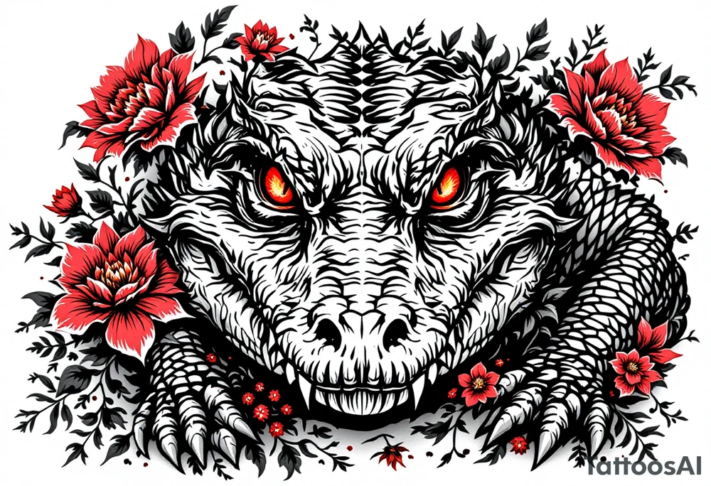 powerful and complete gator with red eyes, surrounded by red floral ornaments tattoo idea