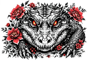 powerful and complete gator with red eyes, surrounded by red floral ornaments tattoo idea