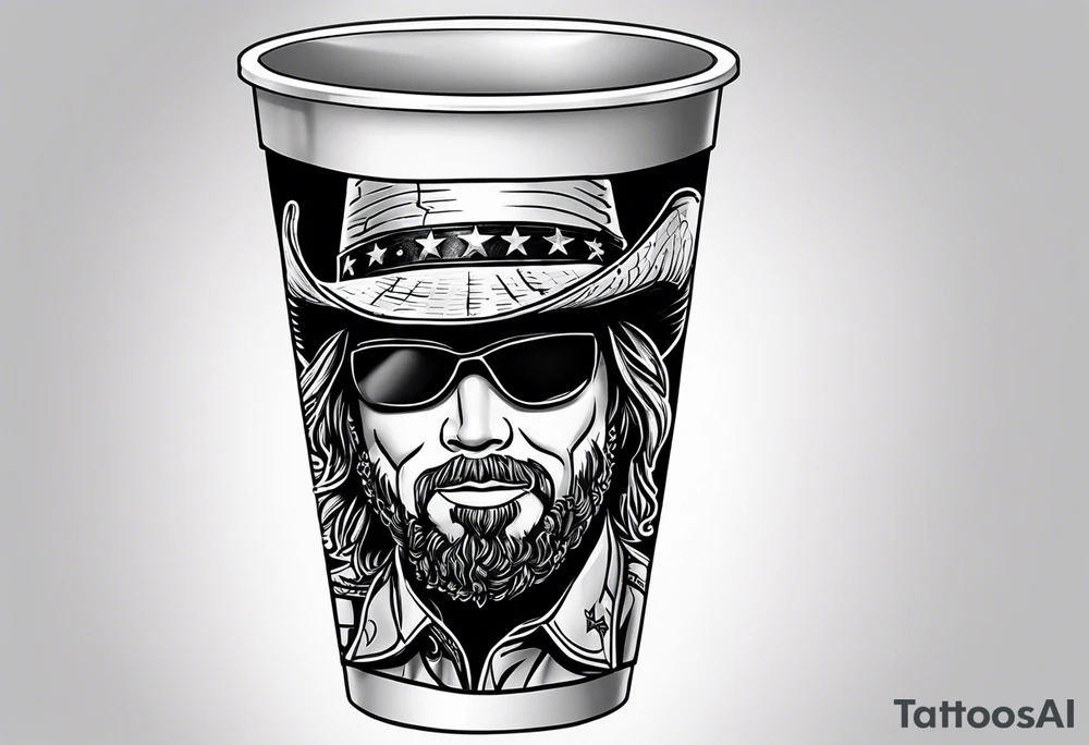 A cracked plastic cup with “Toby Keith” written in Sharpie ink at the top tattoo idea