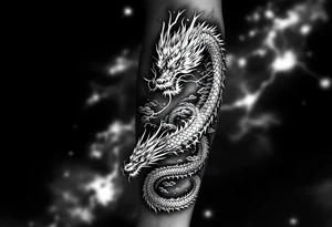 storm clouds and lightning mixed throughout, eastern dragon wrapping around the arm with head at the inside wrist, tattoo idea