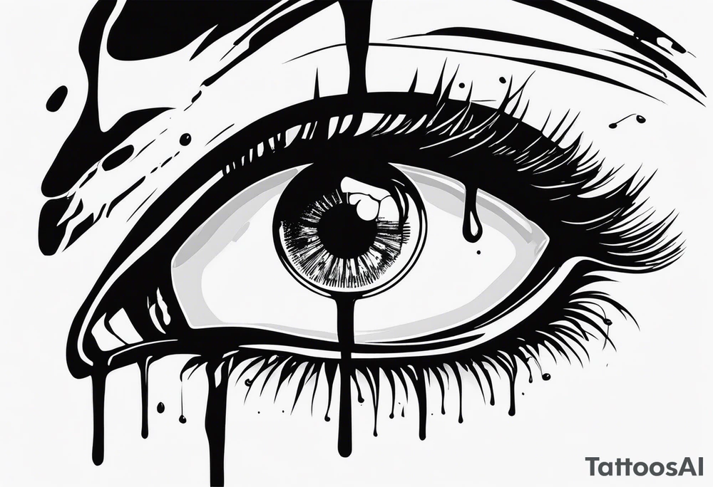 A realistic human eye crying tears of blood with a reflection of two black shadows or people holding guns at two wounded people on the floor tattoo idea