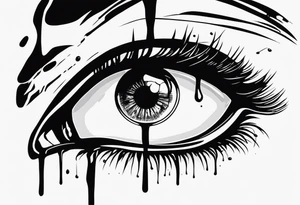 A realistic human eye crying tears of blood with a reflection of two black shadows or people holding guns at two wounded people on the floor tattoo idea