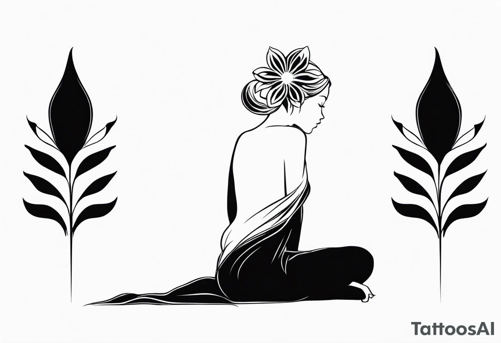 silhouette of a girl with a bloomed flower head, kneeling tattoo idea