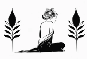silhouette of a girl with a bloomed flower head, kneeling tattoo idea