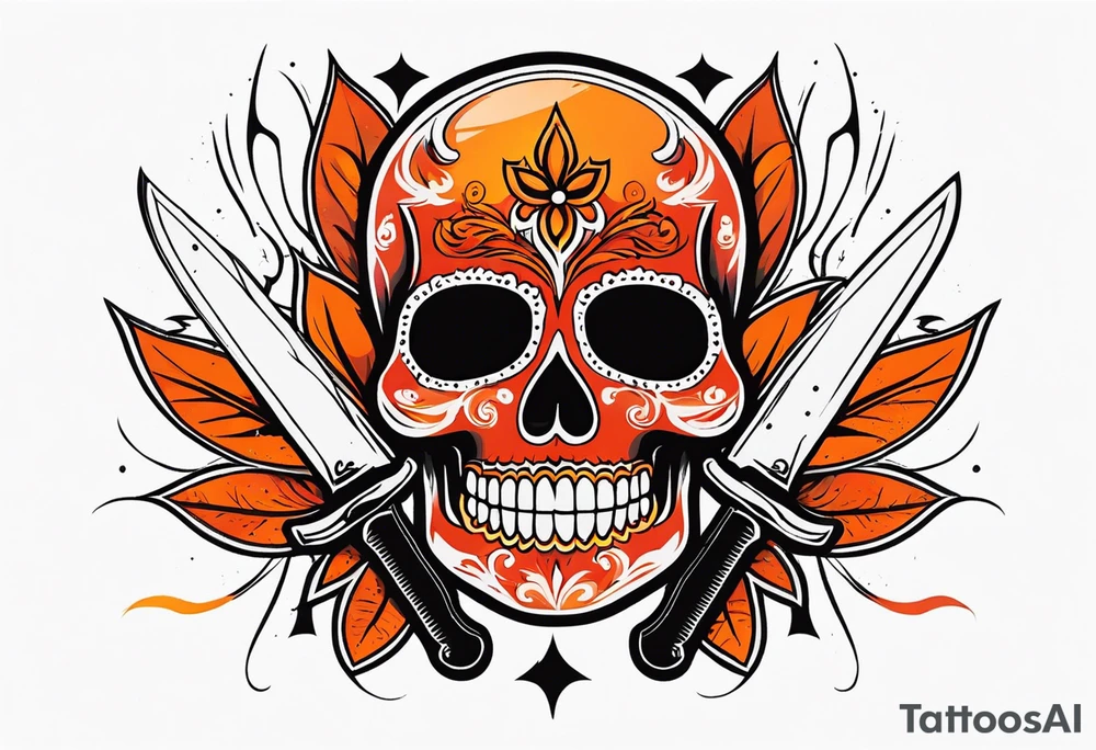 Orange Sugar skull with knifes that are orange and red with smoke around it tattoo idea