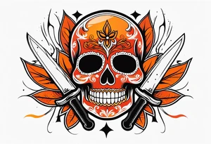 Orange Sugar skull with knifes that are orange and red with smoke around it tattoo idea