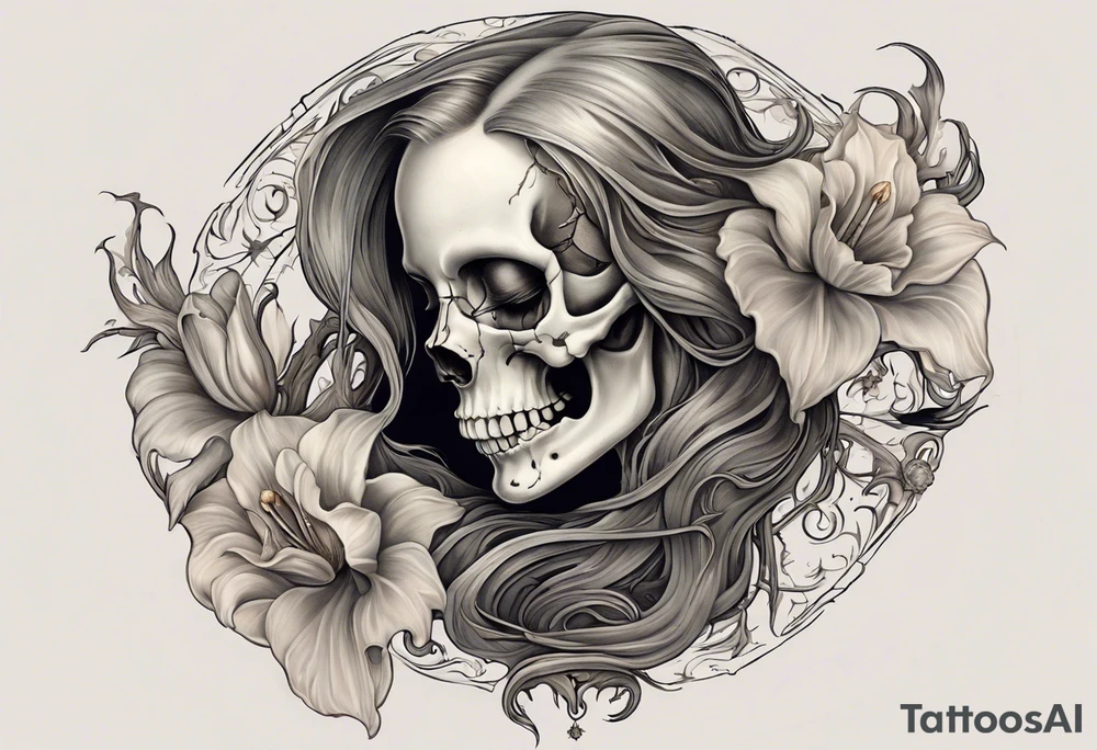 A profile view of a smiling female skull adorned with flowing, long hair, surrounded by symbolism representing the cycle of life and decay. Include a contrast between a fully decayed tulip, a pristine and vibrant tulip in full bloom, and a delicate tulip bud, all harmonizing with the eerie yet beautiful ambiance of the scene. tattoo idea