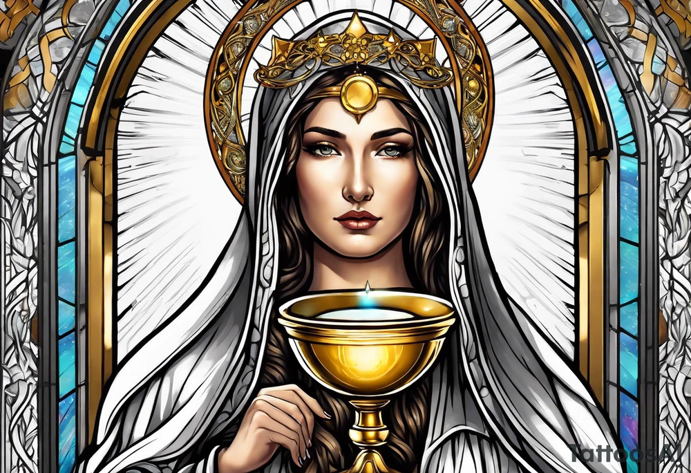 holy saint woman with golden halo holding a chalice tattoo idea