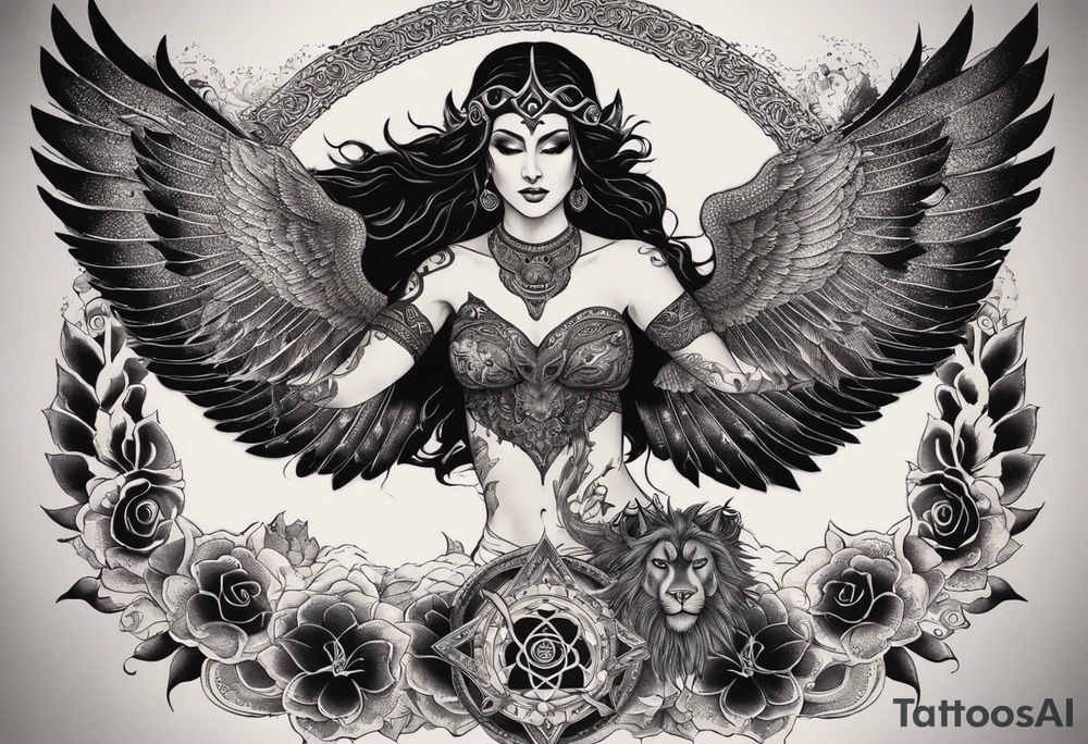 black kali, goddess pirate, alien, angel, pachamama, valkrye, warrior, flying, skull, lotus azul, wing, eagle, zenza resonance, stars, 5D, anahata chakra, death, durga, riding on a tiger, flying lady, kundalini, chest tatoo tattoo idea