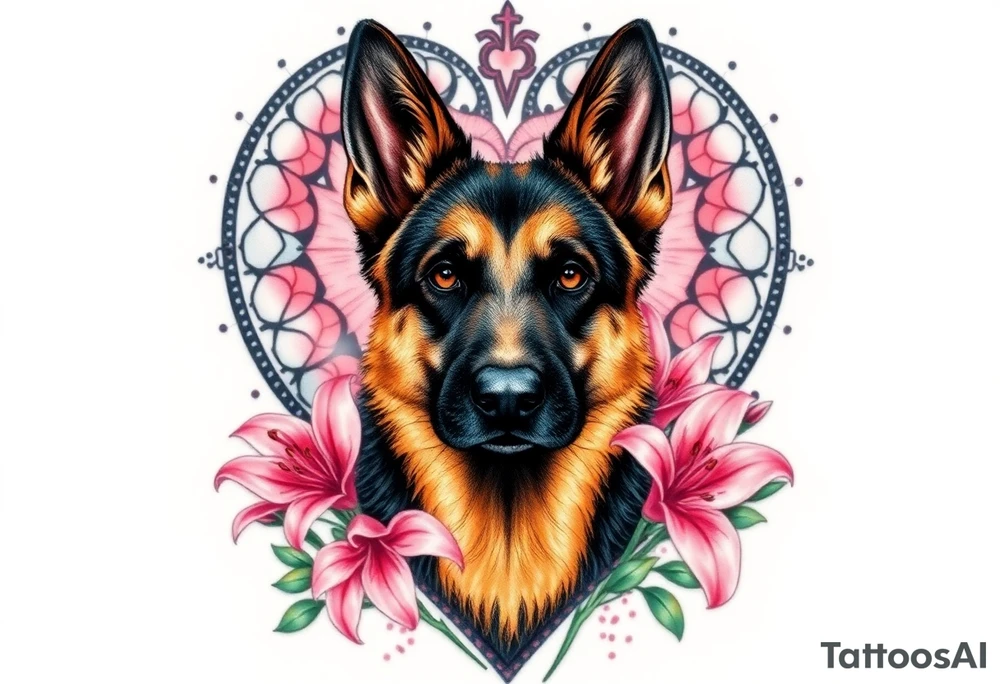 realistic german shepherd dog with pink lily flowers in front of sacred heart tattoo idea