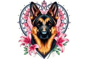 realistic german shepherd dog with pink lily flowers in front of sacred heart tattoo idea