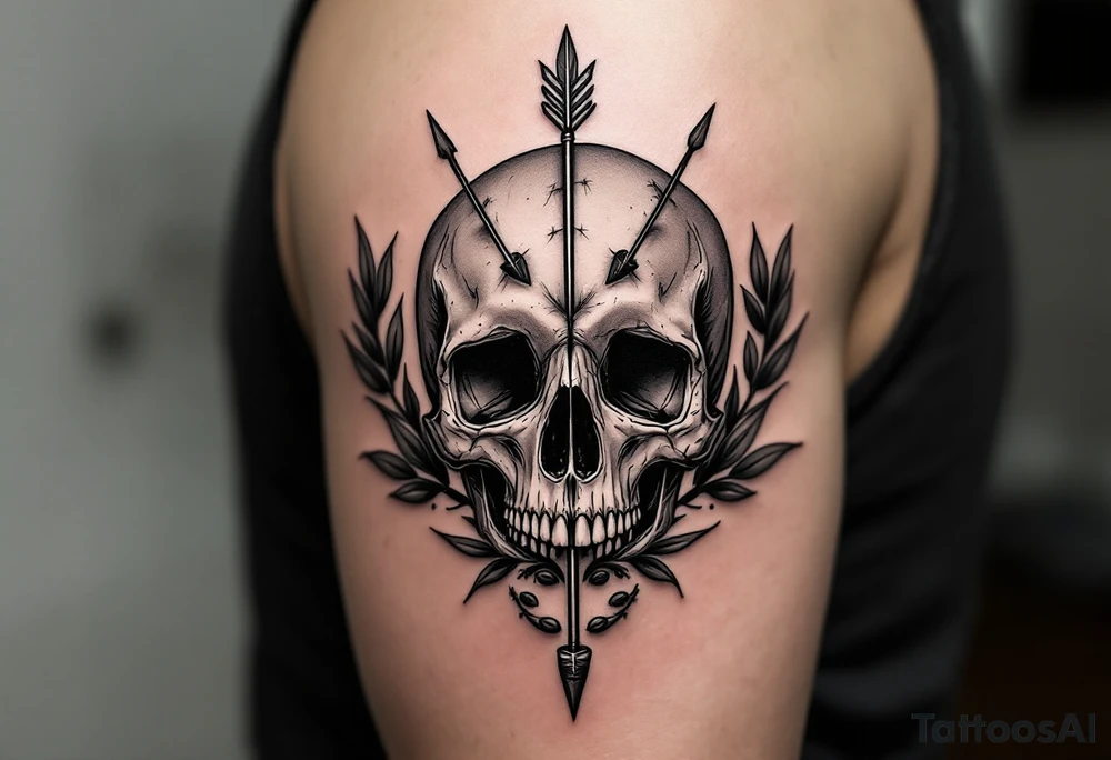 a skull whose head  be pierced by needles and under the head come out an  arrow and surrounded  by two olive tree leaf around tattoo idea