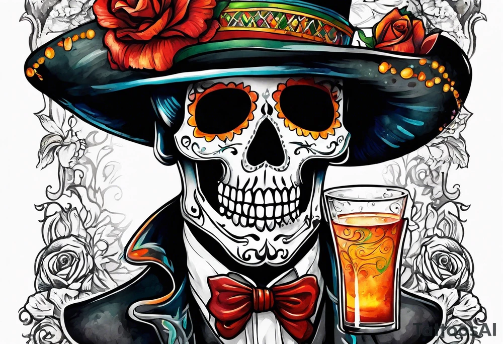 Mexico day of dead  man standing
 skeleton drink tattoo idea