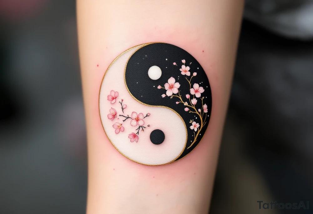 A beautifully detailed yin-yang symbol, seamlessly blending black and white ink. The black half is adorned with delicate golden floral engravings while the white half features soft pink cherry blossoms, representing purity and new beginnings. tattoo idea
