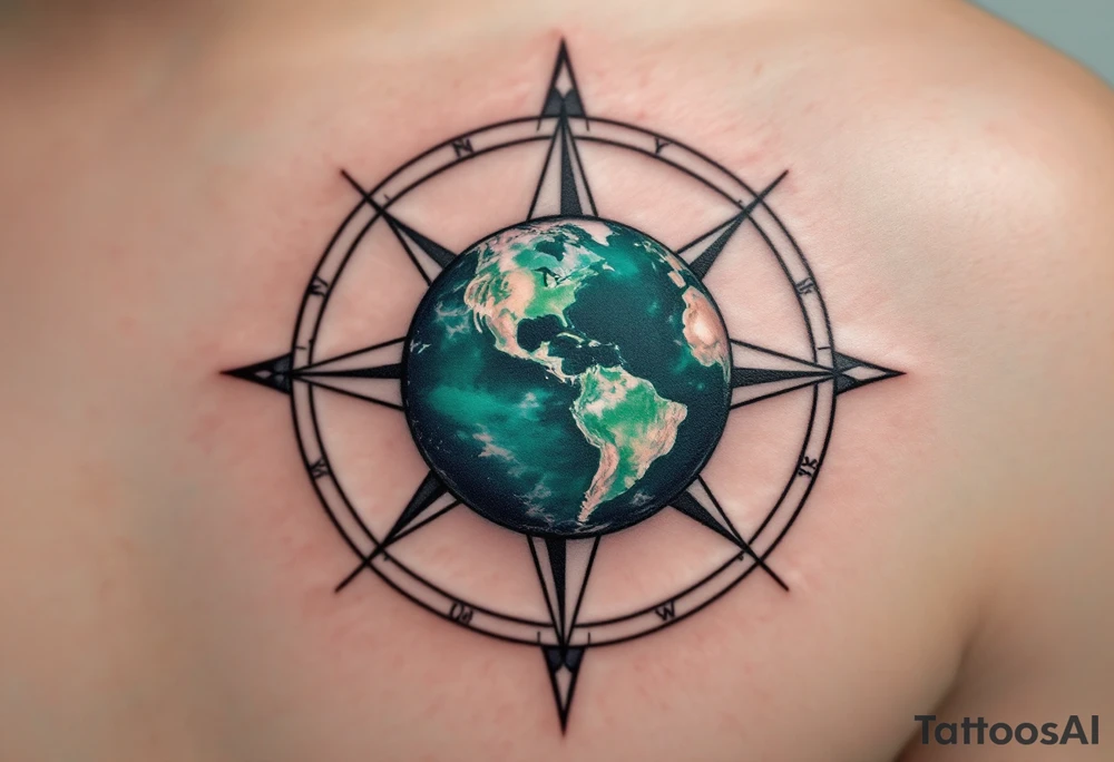 A small detailed Earth in rich cobalt and forest green floats inside a fine black geometric compass. tattoo idea