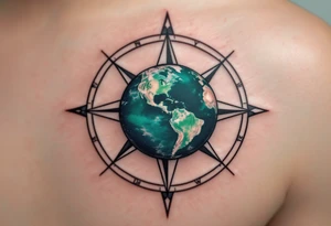 A small detailed Earth in rich cobalt and forest green floats inside a fine black geometric compass. tattoo idea