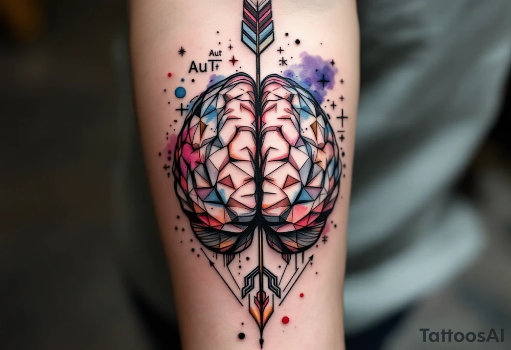 A front-seen brain in geometric and straight lines, with few watercolor details but mostly black, math symbols arround, the phrase "Aut inveniam viam aut faciam" and a detailed arrow crossing from above with watercolors leaking from its tip tattoo idea