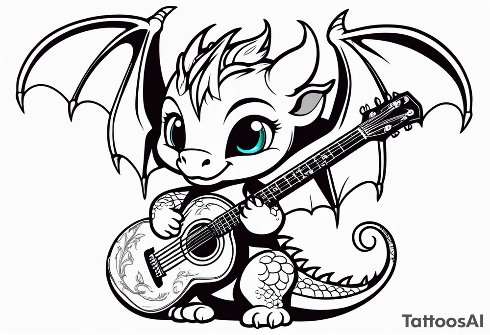 cute baby dragon with guitar tattoo idea