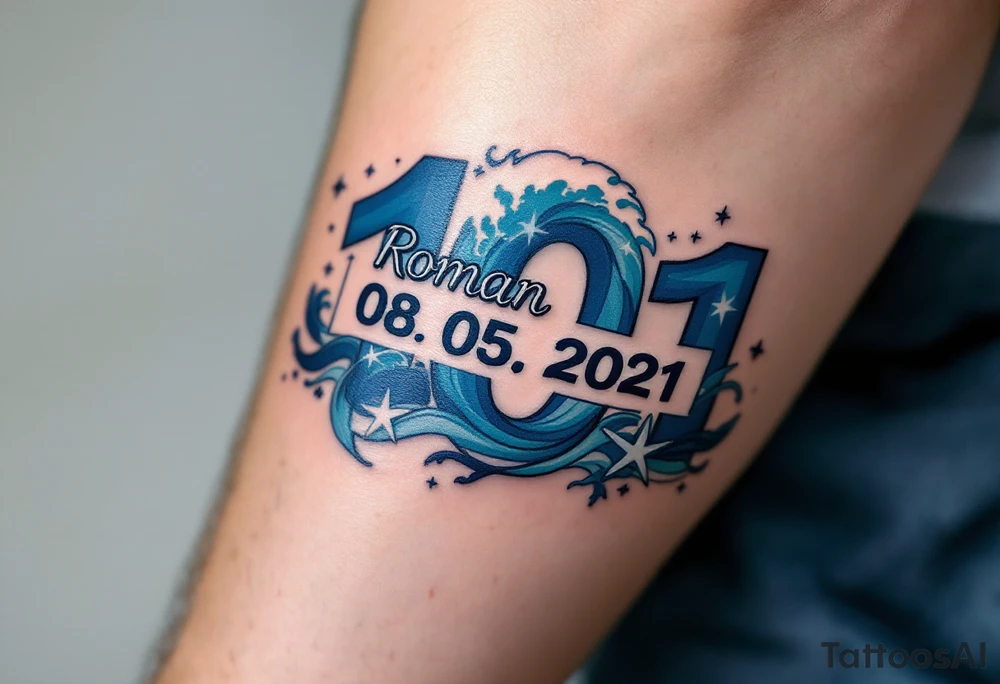 Name Roman with date 08. 05. 2021 in Deep blue ocean waves wrapping around Roman's birthdate, with seafoam white accents and a starfish design near the numbers. tattoo idea