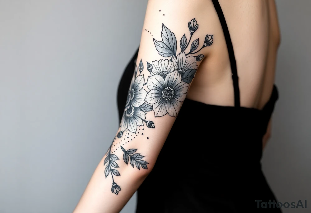 floral composition with japanese vibe, mutiple ornemental patern and leaf, dot geometric ornement, lycoris tattoo idea