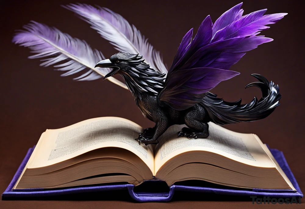 an open book with pages that appear to flutter. Above the book, a delicate small dragon, spirals in the air. To the right, a pawn chess piece stands proudly.  On the left corner of the book, a raven perches, feathers ruffled by an unseen wind. Below, a cluster of lavender flowers blooms, with a charming bumblebee tattoo idea