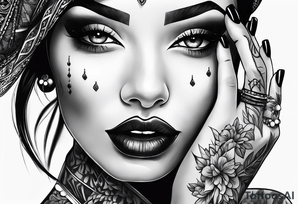 Women’s fingers with nails are on the half of her face tattoo idea