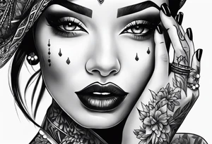 Women’s fingers with nails are on the half of her face tattoo idea