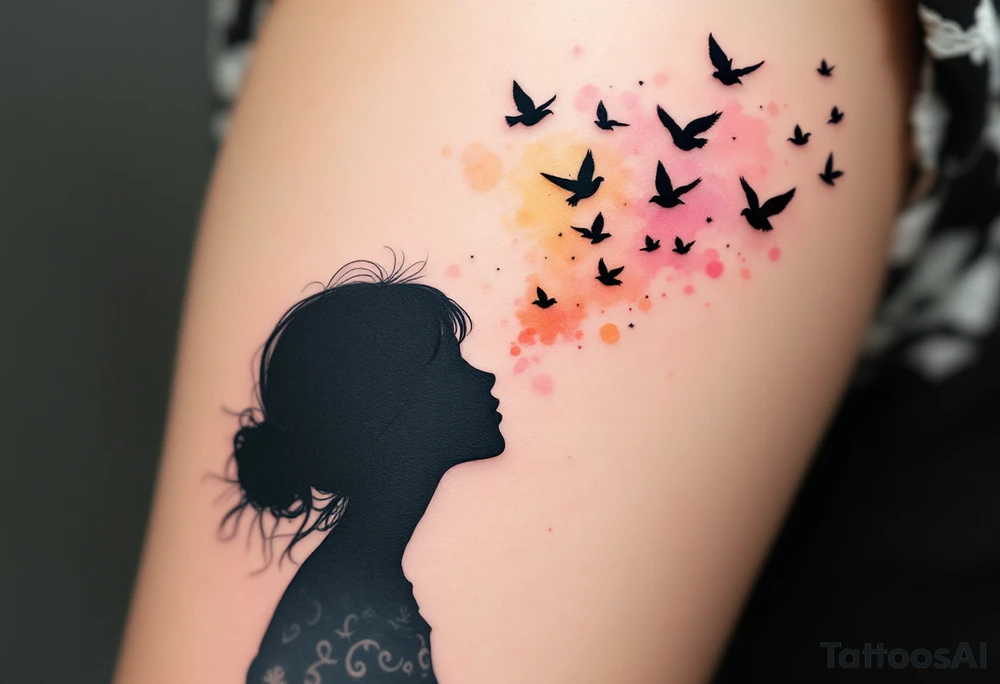 A black silhouette of a girl releasing birds into a watercolor sky represents emotional release. tattoo idea