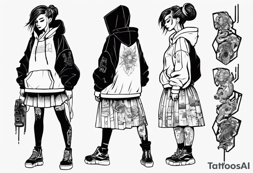 Cute cyberpunk girl with ponytail wearing an oversized hoodie and a skirt tattoo idea