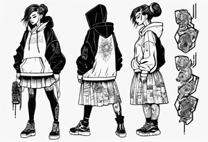 Cute cyberpunk girl with ponytail wearing an oversized hoodie and a skirt tattoo idea