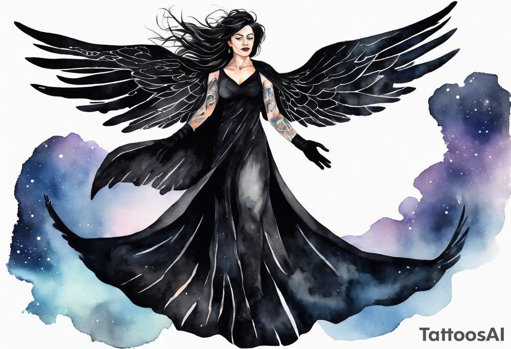 a beautiful 45 year old woman flying in the night sky with black wings, wearing a black cloak and black gloves, bare feet tattoo idea