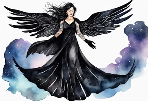 a beautiful 45 year old woman flying in the night sky with black wings, wearing a black cloak and black gloves, bare feet tattoo idea