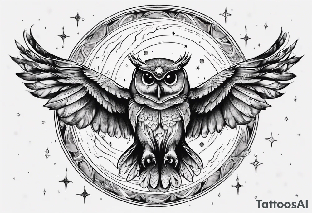 Wise Owl with the third eye flying towards the Dark Moon. tattoo idea Wise Owl with the third eye flying towards the Dark Moon. tattoo idea