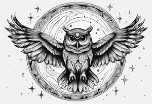 Wise Owl with the third eye flying towards the Dark Moon. tattoo idea