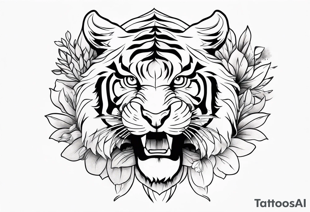 Fierce tiger with floral splash tattoo idea