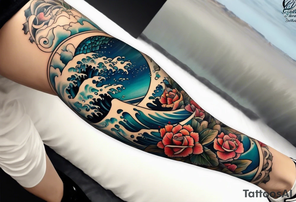 lower leg sleeve with rough ocean tattoo idea
