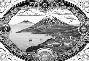 azores islands map, compass, mountain, carabiner & knot, tuna tattoo idea