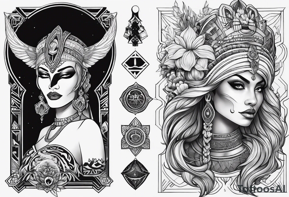 kali ma, alien goddess, valkrye, aries, pirate, divine feminine, zenza resonance, pachamama, lotus azul, blank panther, eagle, skull, 5D, nueva gaya, dna 12 tattoo idea