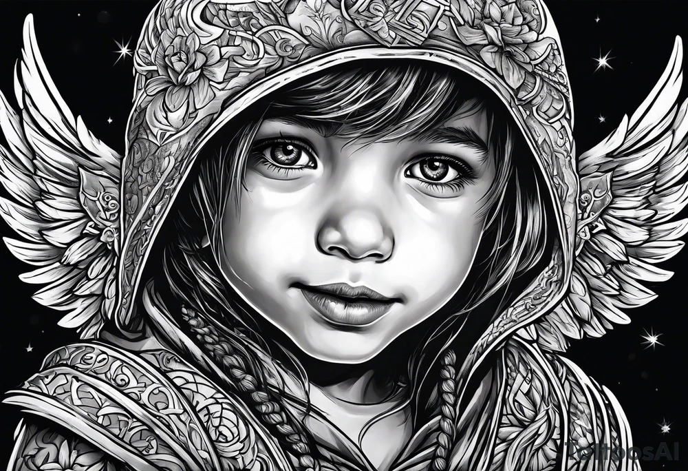 Kid smiling looking up at angel of death tattoo idea
