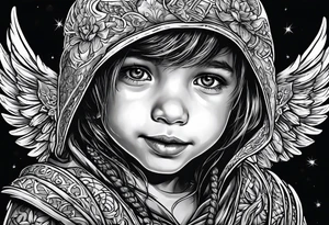 Kid smiling looking up at angel of death tattoo idea