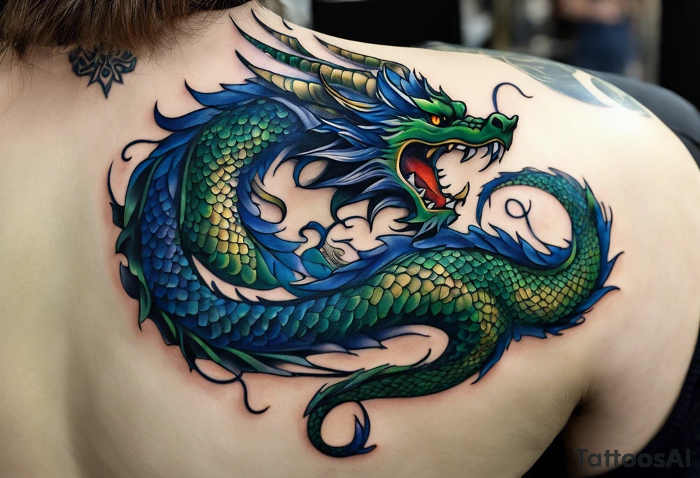 Semirealistic Tattoo: An epic with no wings floating. Its body coiling dynamically, with scales and horns detailed to create a sense of movement and strength. The dragon's main color is dark blue but features accents in green, blue, and gold, giving a vibrant depth and a mystical aura. This tattoo highlights the dragon’s fierce expression and sharp claws as it wraps protectively around the leg. Style: Semi-realism tattoo idea