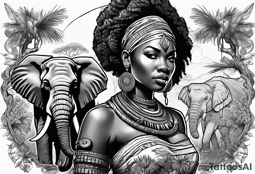 African woman warrior holding spear with ear rings and trees and brids and elephants in the background tattoo idea