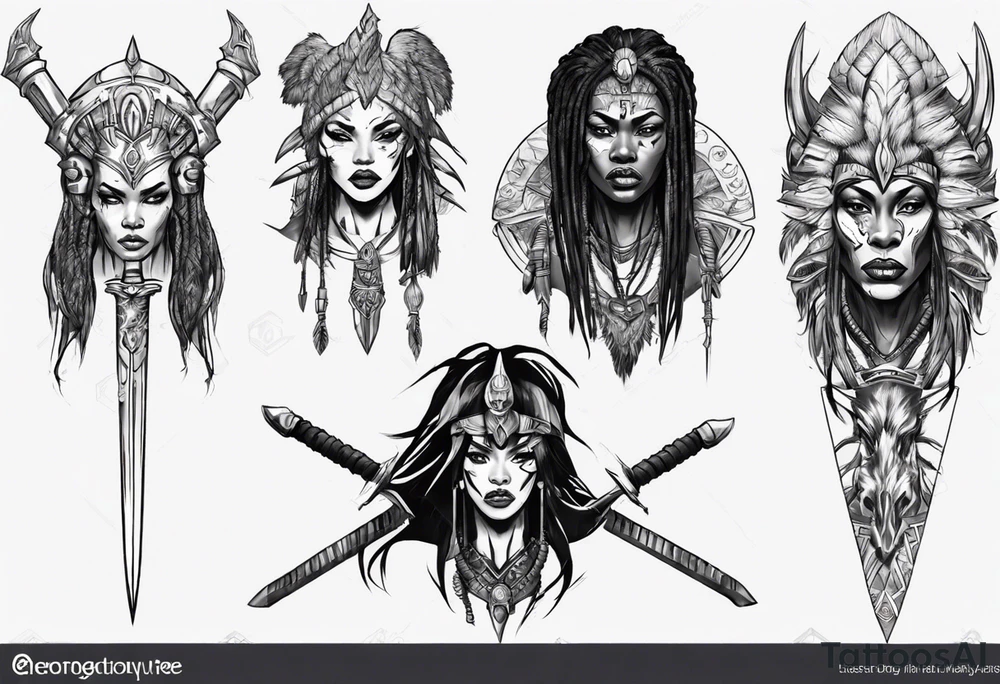 African valkyre slim face presenting sword tattoo idea